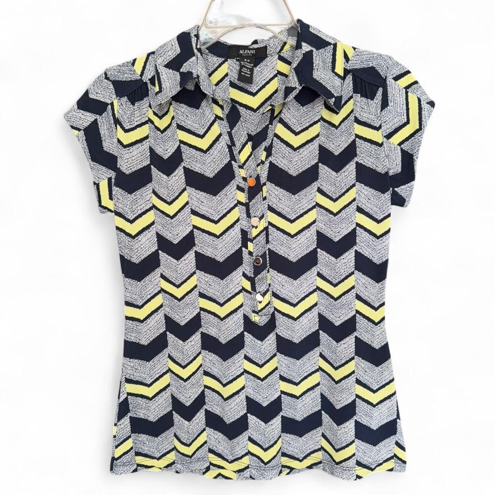 Alfani Yellow and navy blue chevron button up blouse size P